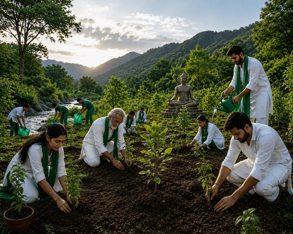 Sacred plantation program featuring Vedic tree planting, Nakshatra gardens, Vastu-compliant landscapes, and eco-spiritual green initiatives for temples and communities.